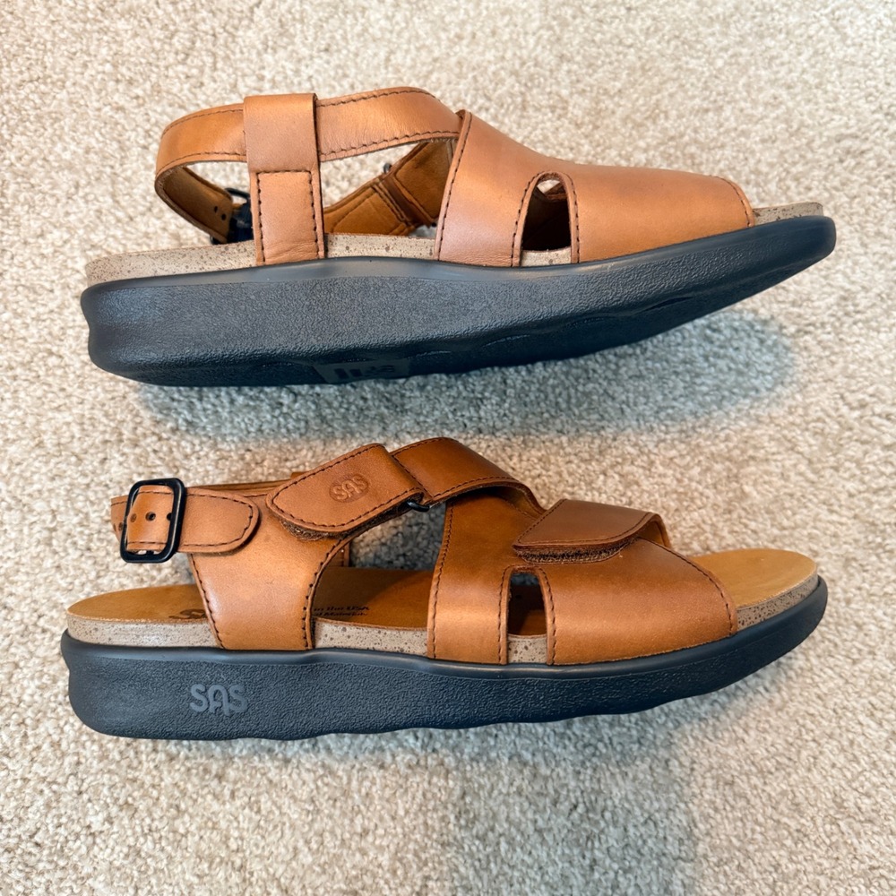SAS Huggy Leather Comfort Sandals Women 8.5 W Tan Tripad Walking Shoes New - Picture 2 of 7